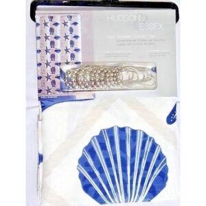 Blue Sea Shells Starfish Shower Curtain Roller Hooks White Nautical Bath Gift